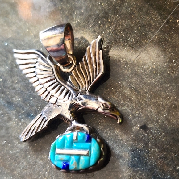 925 Sterling Silver Jewelry - Sterling Silver Eagle Bird Pendant with Turquoise Inlay Men Women Jewelry Unisex